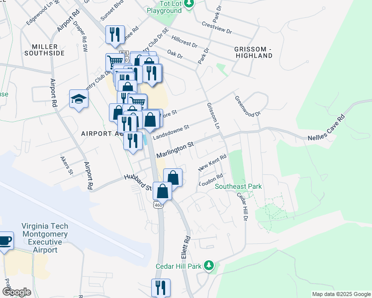 map of restaurants, bars, coffee shops, grocery stores, and more near 206 Marlington Street in Blacksburg