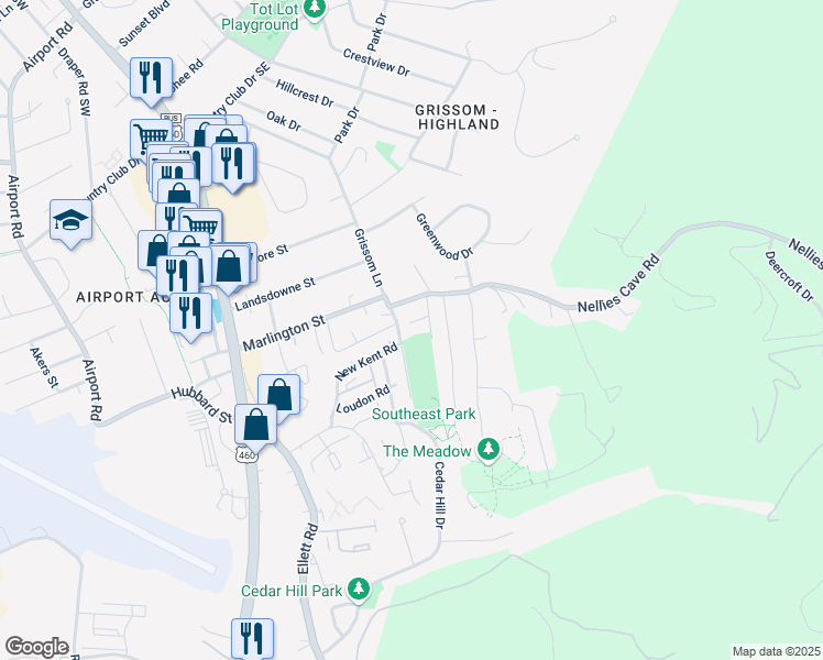 map of restaurants, bars, coffee shops, grocery stores, and more near 1745 Donlee Drive in Blacksburg