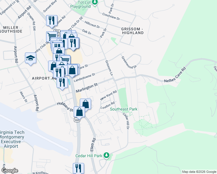 map of restaurants, bars, coffee shops, grocery stores, and more near 415 New Kent Road in Blacksburg