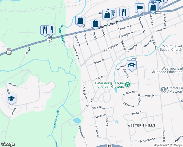 map of restaurants, bars, coffee shops, grocery stores, and more near 341 Spring Street in Petersburg