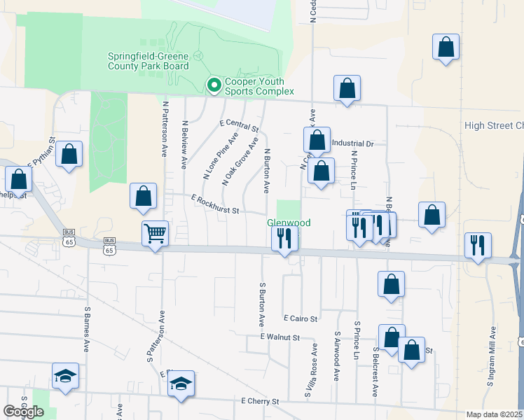 map of restaurants, bars, coffee shops, grocery stores, and more near 603 North Burton Avenue in Springfield