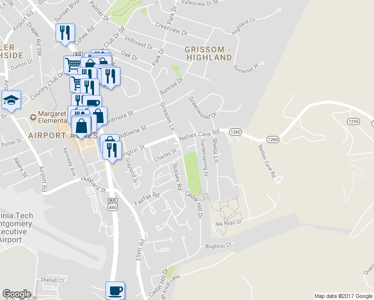 map of restaurants, bars, coffee shops, grocery stores, and more near 1745 Donlee Drive in Blacksburg