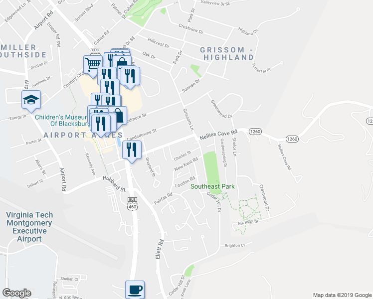 map of restaurants, bars, coffee shops, grocery stores, and more near 415 New Kent Road in Blacksburg