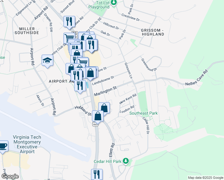map of restaurants, bars, coffee shops, grocery stores, and more near 206 Marlington Street in Blacksburg