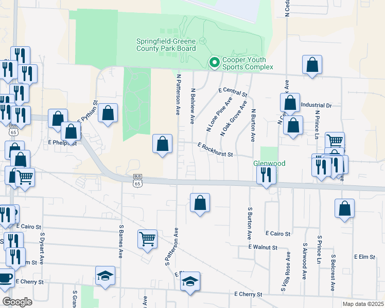 map of restaurants, bars, coffee shops, grocery stores, and more near 526 North Patterson Avenue in Springfield