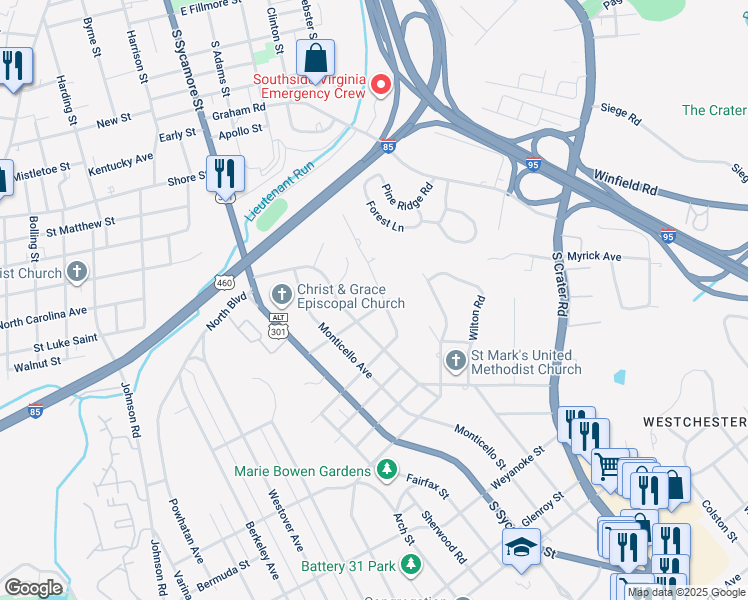 map of restaurants, bars, coffee shops, grocery stores, and more near 1598 Montpelier Street in Petersburg