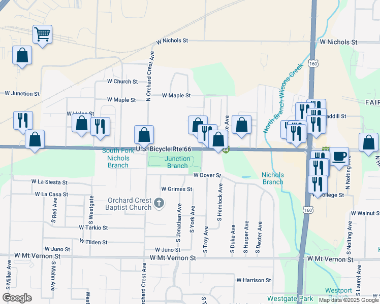 map of restaurants, bars, coffee shops, grocery stores, and more near 3920 West Chestnut Expressway in Springfield