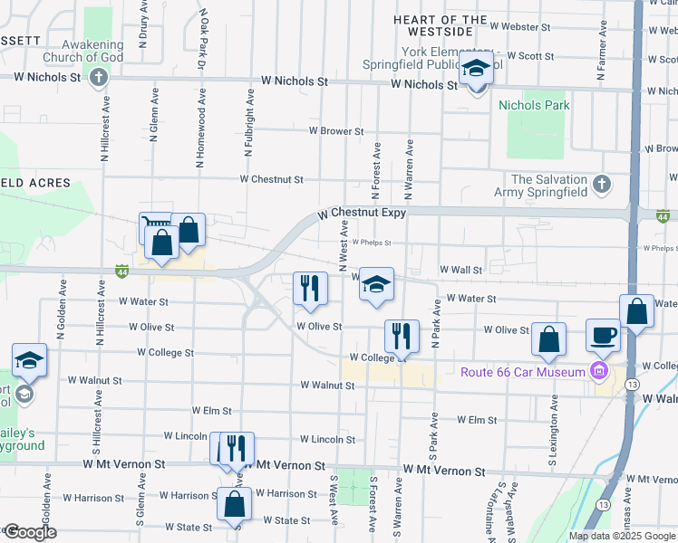map of restaurants, bars, coffee shops, grocery stores, and more near 2501 West Mill Street in Springfield