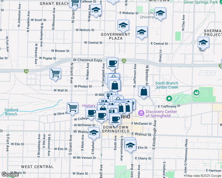 map of restaurants, bars, coffee shops, grocery stores, and more near 415 North Boonville Avenue in Springfield