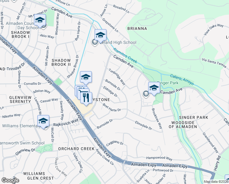 map of restaurants, bars, coffee shops, grocery stores, and more near 6852 Eldridge Drive in San Jose