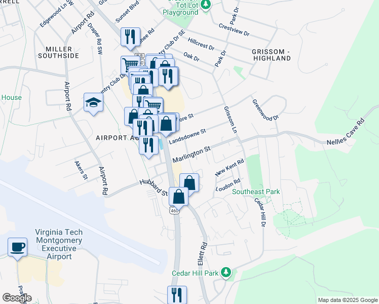 map of restaurants, bars, coffee shops, grocery stores, and more near 201 Marlington Street in Blacksburg