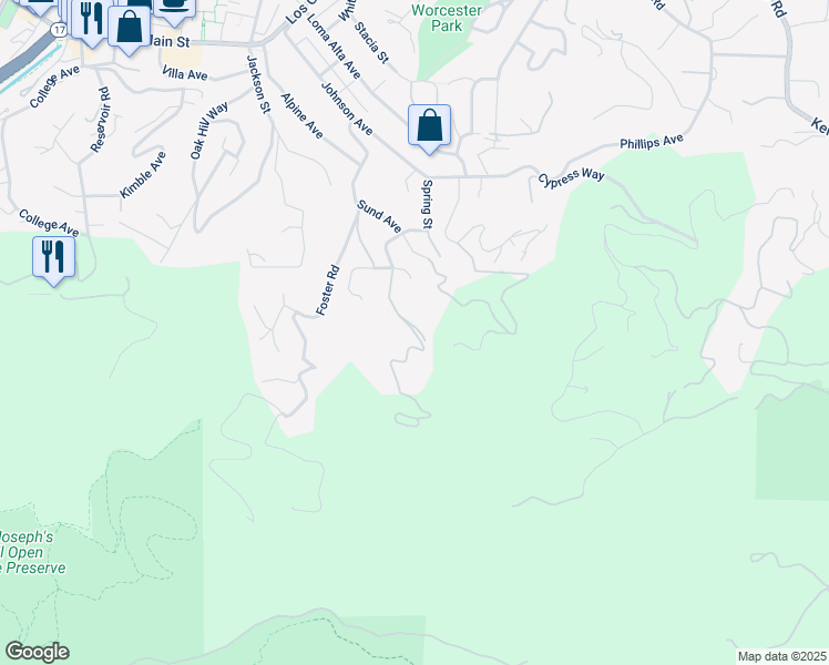 map of restaurants, bars, coffee shops, grocery stores, and more near 17800 Tourney Road in Los Gatos