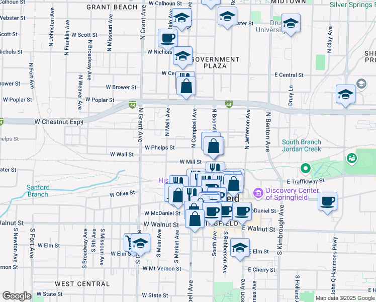 map of restaurants, bars, coffee shops, grocery stores, and more near 327 West Mill Street in Springfield