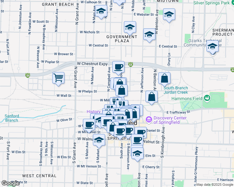 map of restaurants, bars, coffee shops, grocery stores, and more near 415 North Boonville Avenue in Springfield