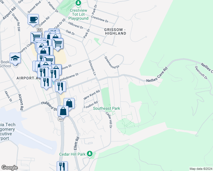 map of restaurants, bars, coffee shops, grocery stores, and more near 1741 Donlee Drive in Blacksburg