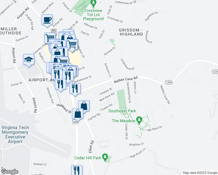 map of restaurants, bars, coffee shops, grocery stores, and more near 393 Charles Street in Blacksburg