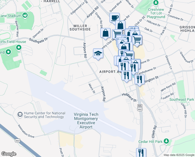 map of restaurants, bars, coffee shops, grocery stores, and more near 810 Airport Road in Blacksburg
