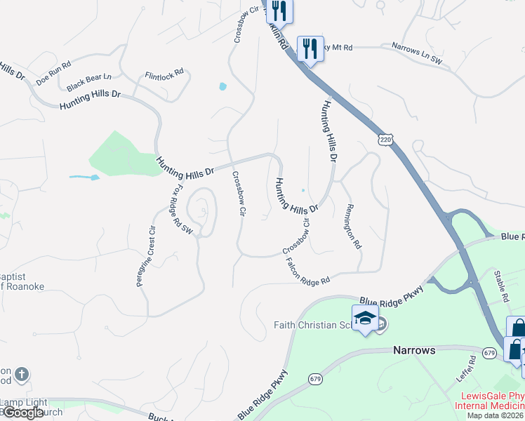 map of restaurants, bars, coffee shops, grocery stores, and more near 4943 Buckhorn Drive in Roanoke