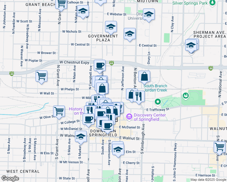 map of restaurants, bars, coffee shops, grocery stores, and more near 310 East Phelps Street in Springfield