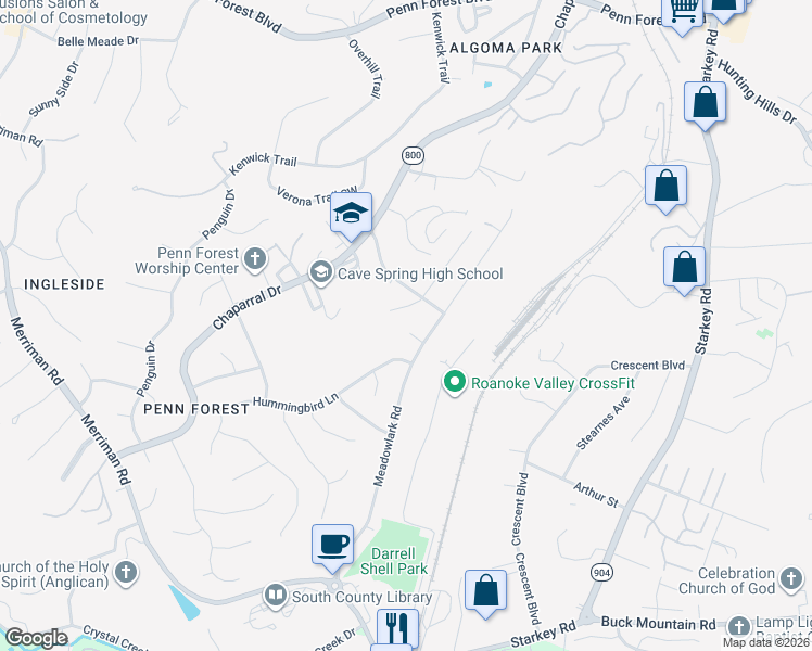 map of restaurants, bars, coffee shops, grocery stores, and more near 3645 Barn Swallow Cir in Roanoke