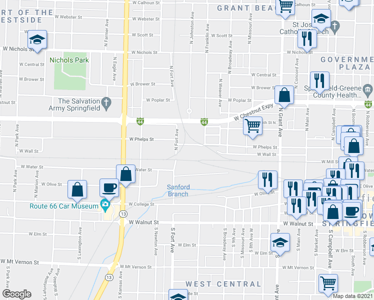 map of restaurants, bars, coffee shops, grocery stores, and more near 1298 West Phelps Street in Springfield