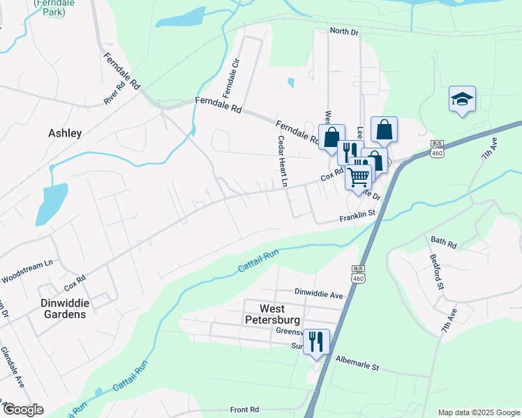 map of restaurants, bars, coffee shops, grocery stores, and more near 25425 Cox Road in S CHESTERFLD