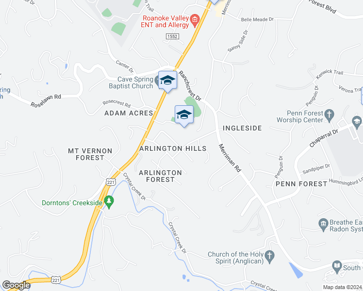 map of restaurants, bars, coffee shops, grocery stores, and more near 4201 Sharolyn Drive in Cave Spring