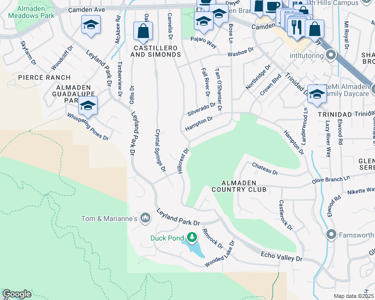 map of restaurants, bars, coffee shops, grocery stores, and more near Hillcrest Drive in San Jose