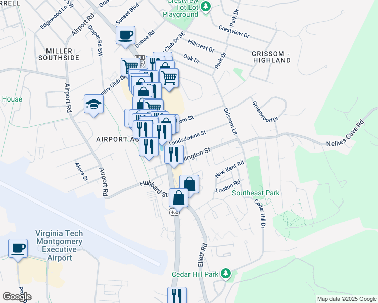 map of restaurants, bars, coffee shops, grocery stores, and more near 201 Marlington Street in Blacksburg