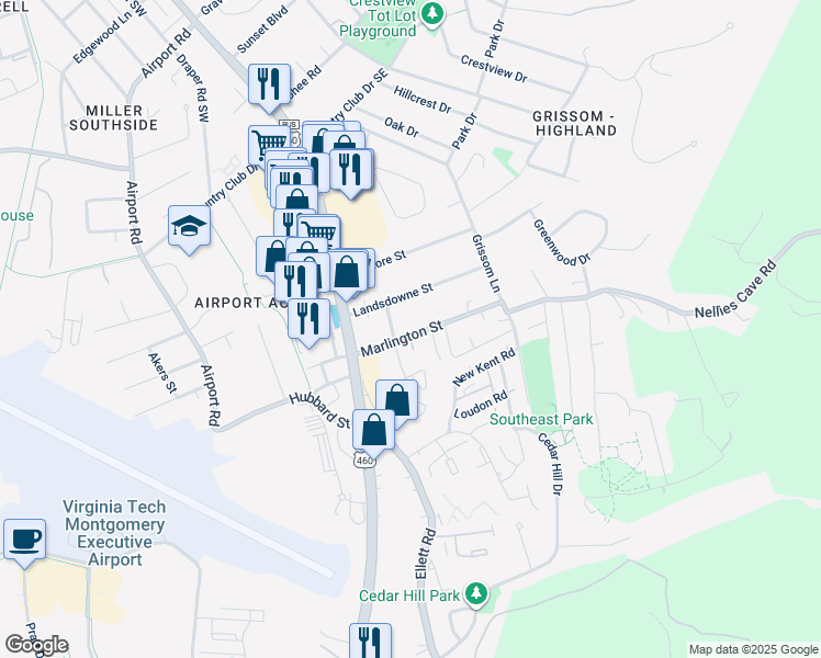 map of restaurants, bars, coffee shops, grocery stores, and more near 205 Marlington Street in Blacksburg