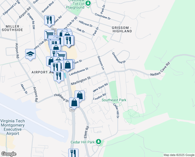 map of restaurants, bars, coffee shops, grocery stores, and more near 319 Charles Street in Blacksburg