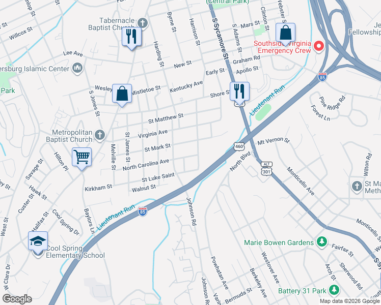 map of restaurants, bars, coffee shops, grocery stores, and more near 222 North Carolina Avenue in Petersburg
