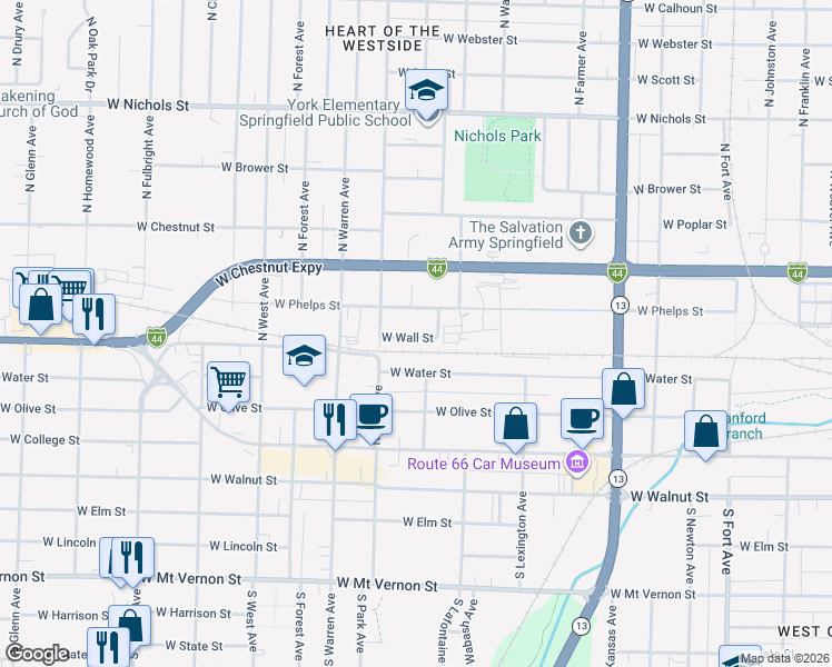 map of restaurants, bars, coffee shops, grocery stores, and more near 2121 West Wall Street in Springfield