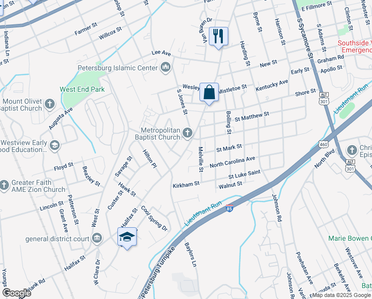 map of restaurants, bars, coffee shops, grocery stores, and more near 1028 Halifax Street in Petersburg