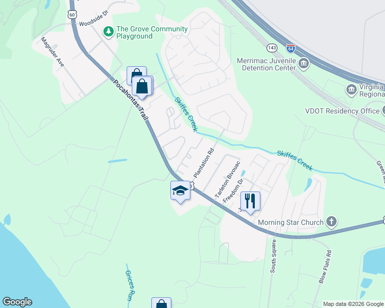 map of restaurants, bars, coffee shops, grocery stores, and more near 19 Sidewinder Court in Williamsburg