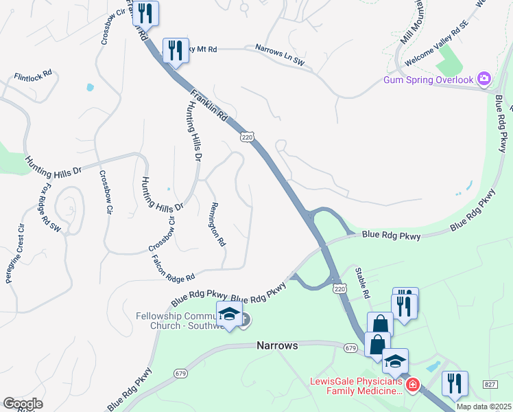 map of restaurants, bars, coffee shops, grocery stores, and more near 5165 Falcon Ridge Road in Cave Spring