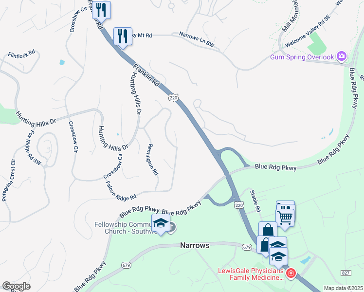 map of restaurants, bars, coffee shops, grocery stores, and more near 5165 Falcon Ridge Road in Cave Spring
