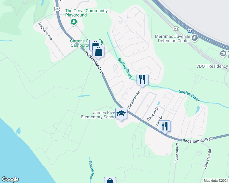 map of restaurants, bars, coffee shops, grocery stores, and more near 1963 Algonquin Trail in Williamsburg