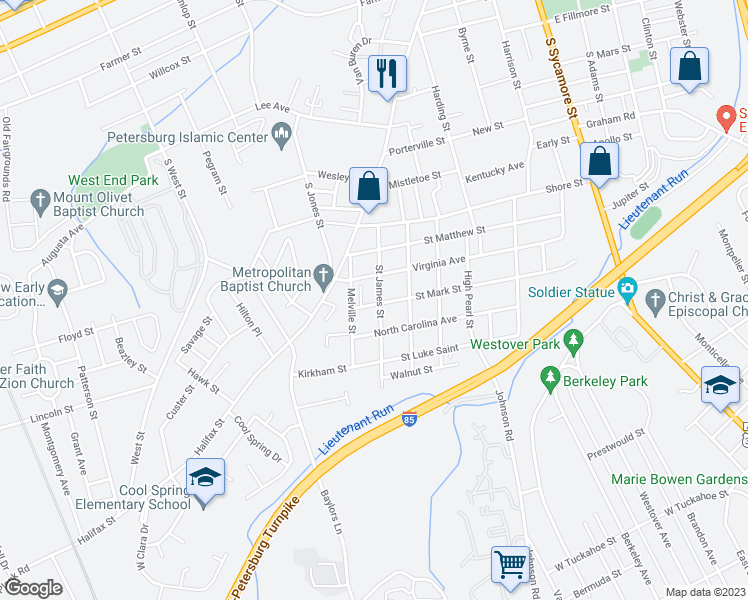 map of restaurants, bars, coffee shops, grocery stores, and more near 609 Saint Mark Street in Petersburg