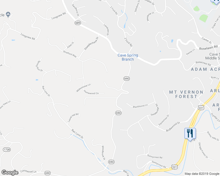 map of restaurants, bars, coffee shops, grocery stores, and more near 5389 Montague Way in Roanoke