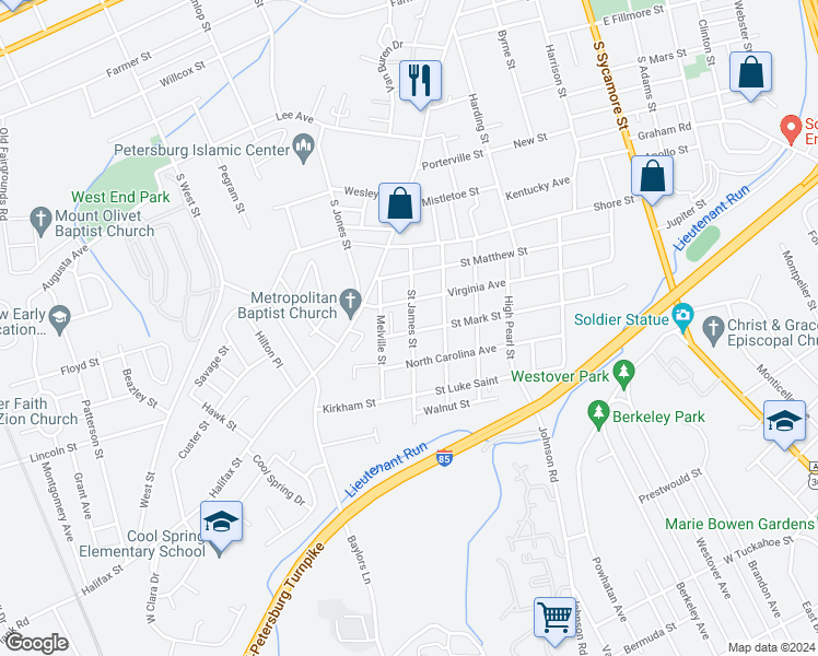 map of restaurants, bars, coffee shops, grocery stores, and more near 605 Saint Mark Street in Petersburg