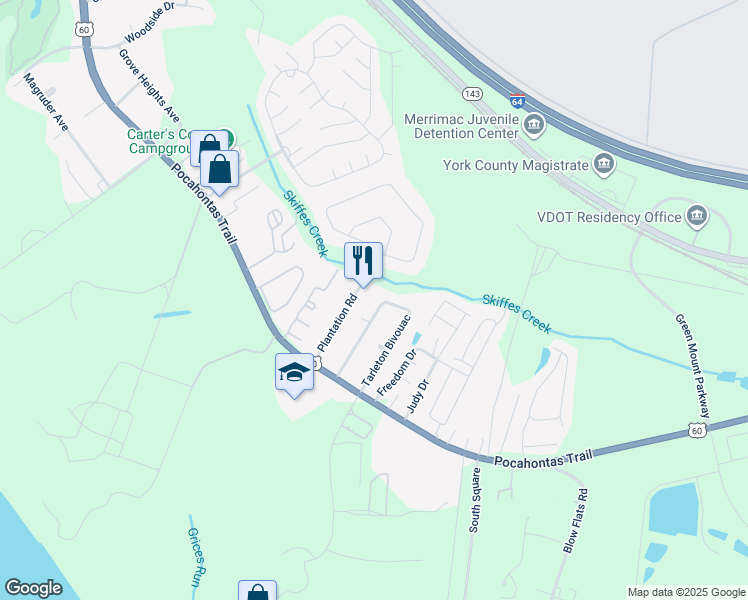 map of restaurants, bars, coffee shops, grocery stores, and more near 121 Tarleton Bivouac in Williamsburg