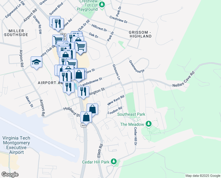 map of restaurants, bars, coffee shops, grocery stores, and more near 359 Marlington St in Blacksburg