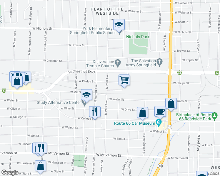 map of restaurants, bars, coffee shops, grocery stores, and more near 2147 West Wall Street in Springfield