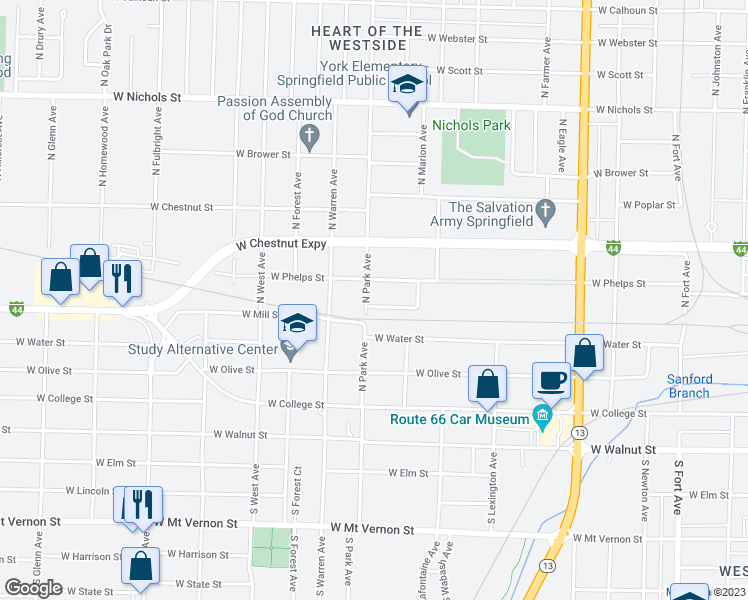 map of restaurants, bars, coffee shops, grocery stores, and more near 2153 West Wall Street in Springfield