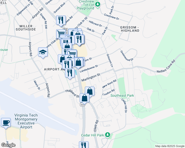 map of restaurants, bars, coffee shops, grocery stores, and more near 205 Marlington Street in Blacksburg