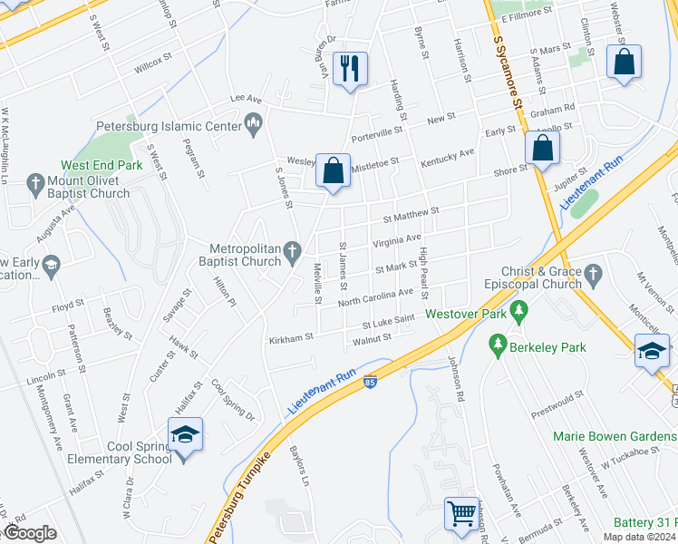 map of restaurants, bars, coffee shops, grocery stores, and more near 607 Saint Mark Street in Petersburg