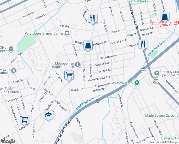 map of restaurants, bars, coffee shops, grocery stores, and more near 620 Saint Mark Street in Petersburg