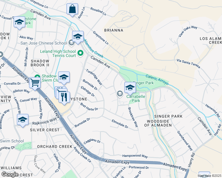 map of restaurants, bars, coffee shops, grocery stores, and more near 6871 Tunbridge Way in San Jose
