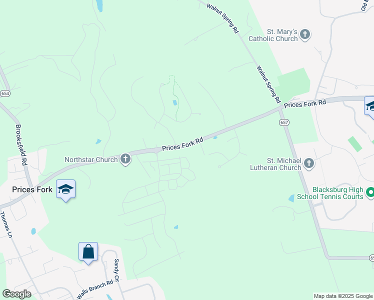 map of restaurants, bars, coffee shops, grocery stores, and more near 3809 Prices Fork Road in Blacksburg
